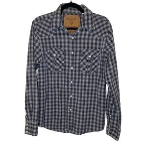 Guess Plaid Western Black Blue Green Button Up Cotton Shirt Long Sleeve